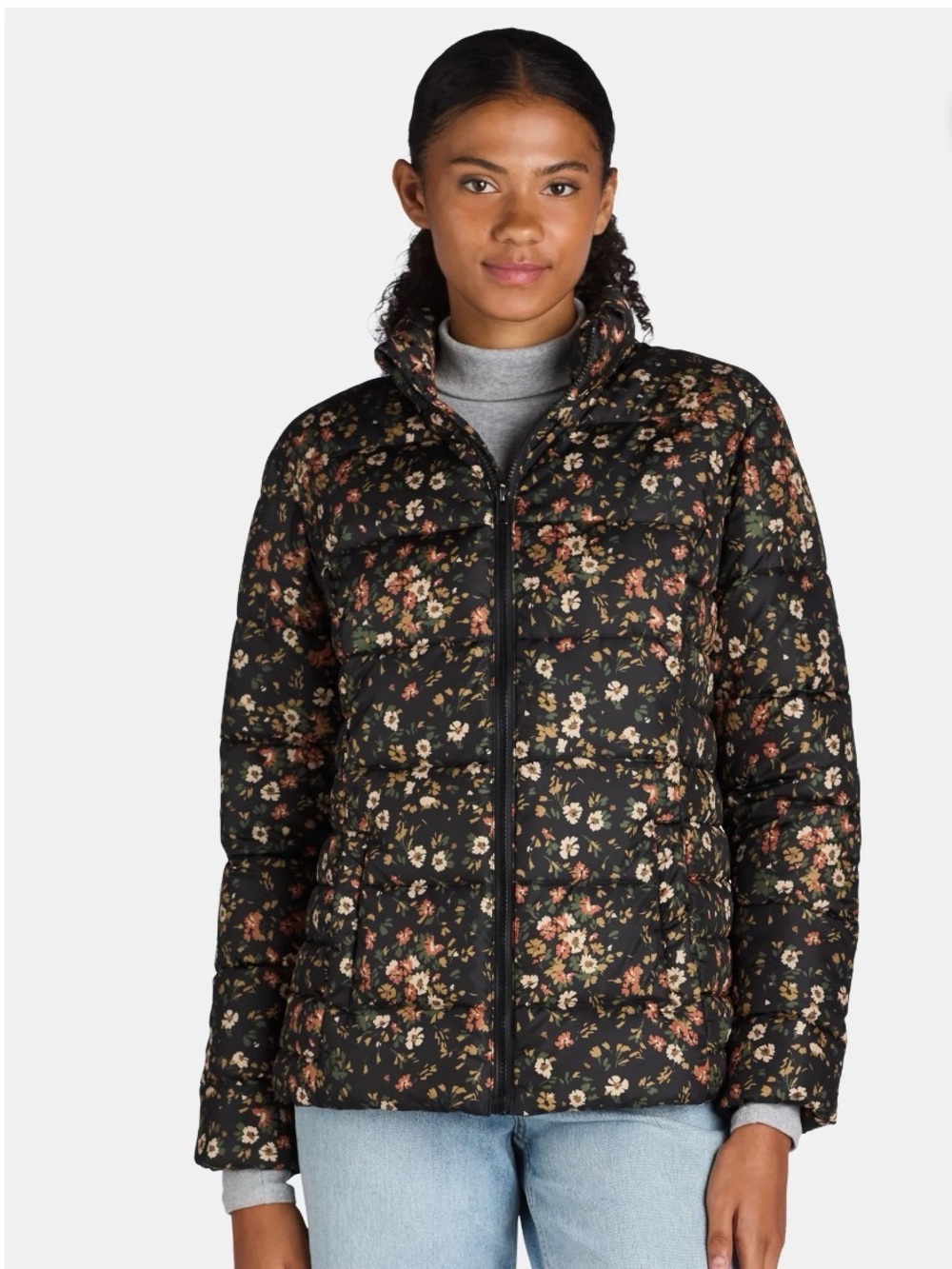 Time and Tru Black Floral Puffer Jacket